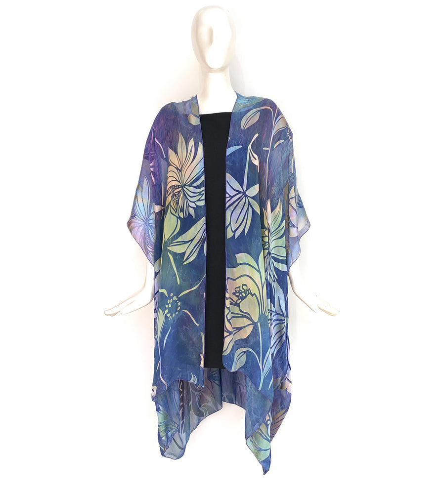 Silk Long Kimono Jacket - Hand-Dyed - Magnolia Pattern