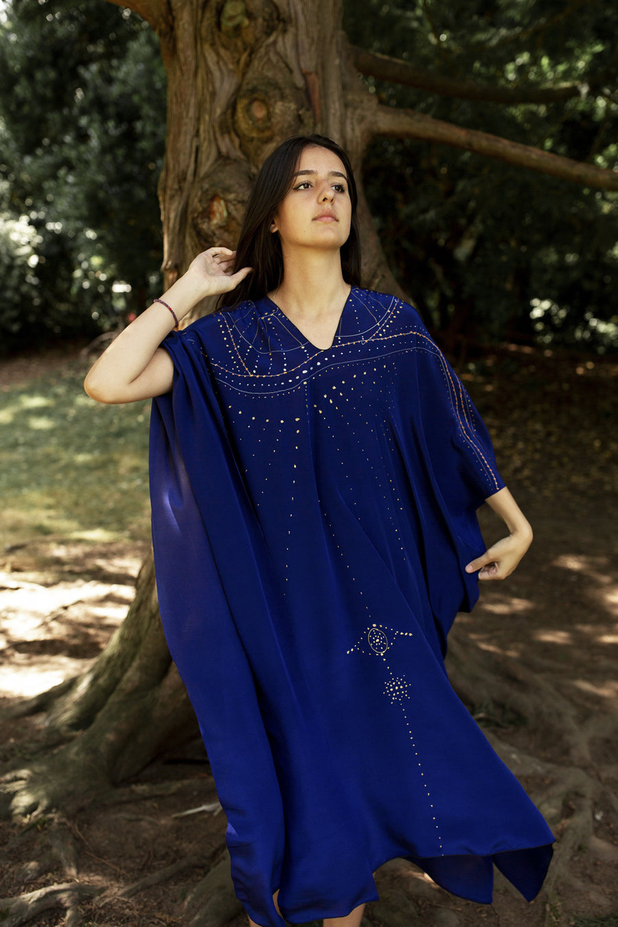 Silk Loose Women's Kaftan Dress - Hand-painted - Lapis Lazuli