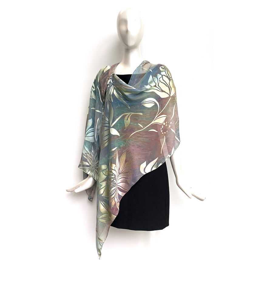 Silk Shawl - Hand-Dyed - Magnolia Pattern