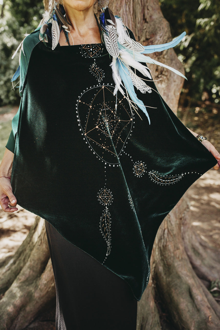 Velvet Dark Green Women's Poncho - Hand-painted - Dream Catcher